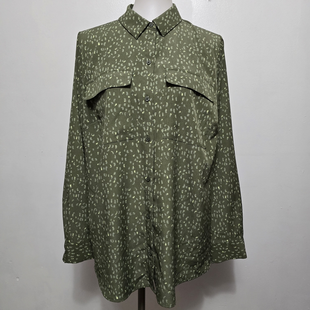 Evri Olive Specled Pattern Button Front Blouse Si… - image 1